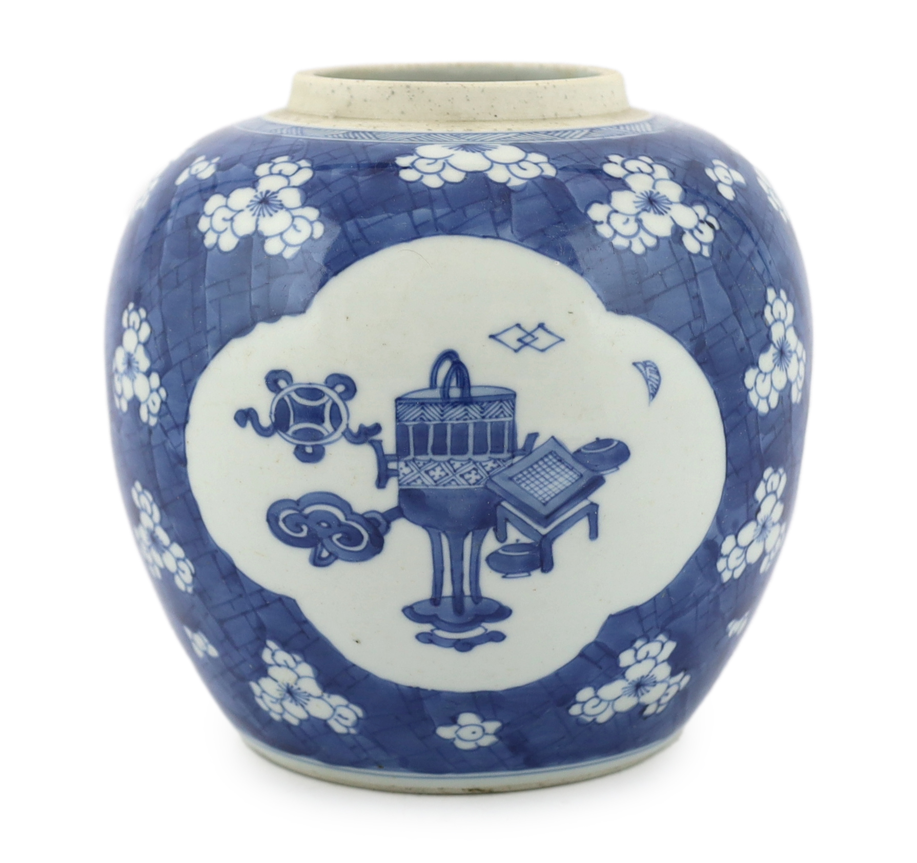 A Chinese blue and white ‘Antiques’ jar, Kangxi period, minor restoration to rim